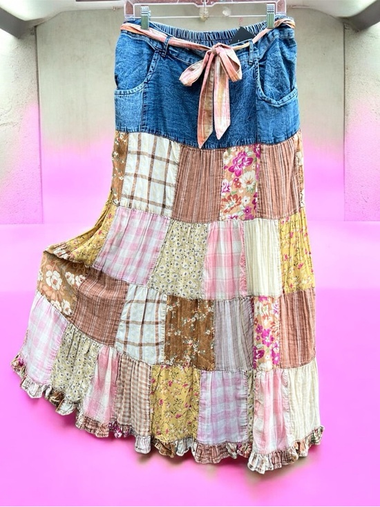 Young Threads Dresses & Skirts - Young Threads Boho Patchwork Ruffled Denim Prairie Skirt